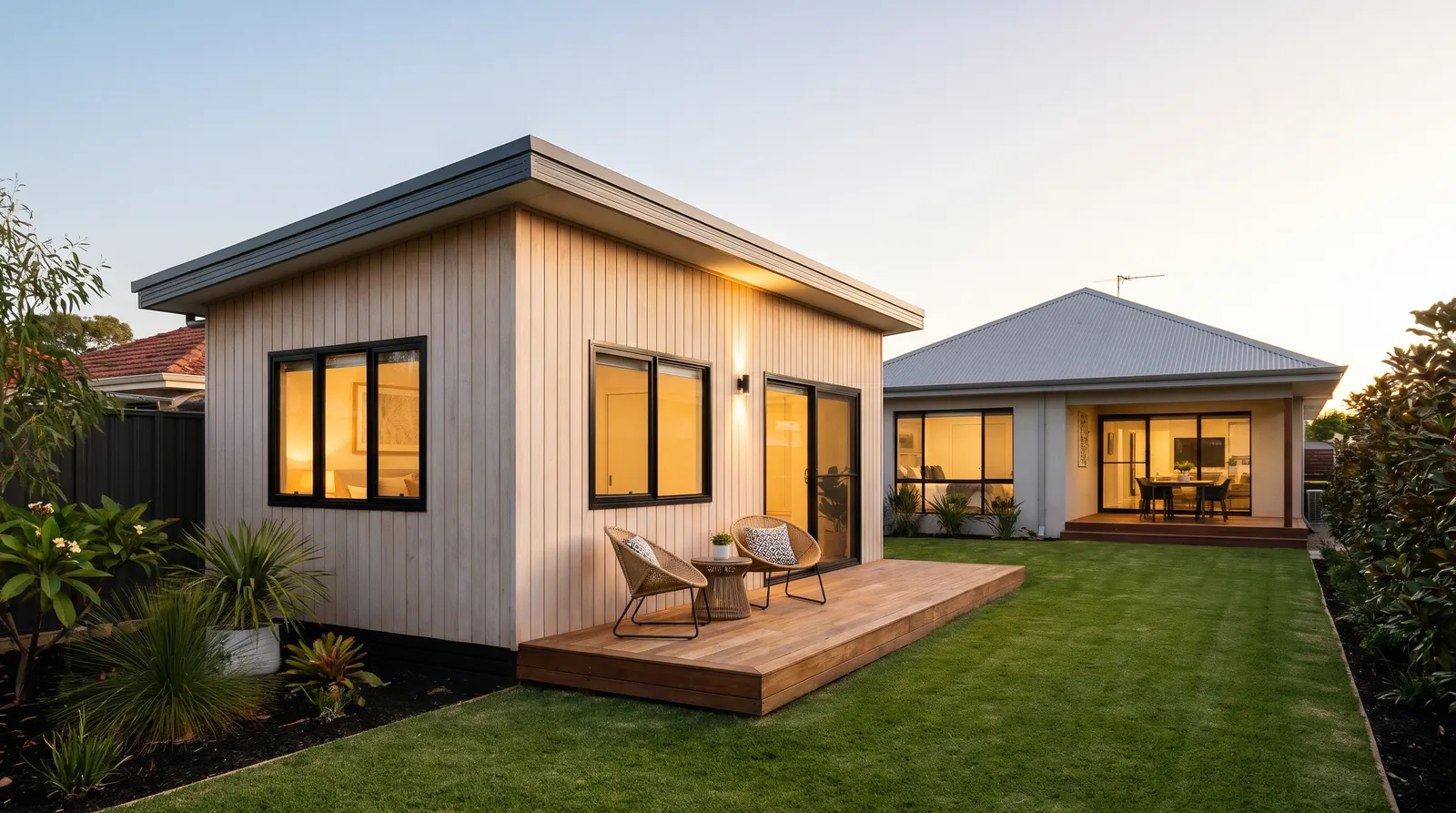 A modern one-bedroom granny flat in a Perth backyard at dusk